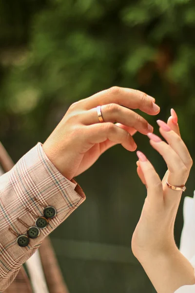 Groom Embraces Bride Hand Which Has Wedding Ring Intimacy Love — Stock Fotó