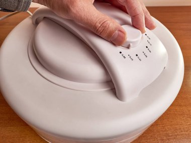 Kurutma makinesinin kurutma sıcaklığını ayarla. Uzun vadeli depolama için kurutulmuş ürünlerin hazırlanması kavramı.