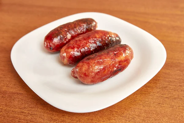 Fried Sausages White Plate — Stock Photo, Image