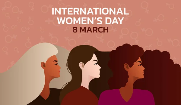 Międzynarodowy Dzień Kobiet Wektor Ilustracja Pięciu Szczęśliwych Uśmiechniętych Różnych Kobiet — Wektor stockowy