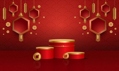 Çin yeni yılı için podyum ve zemin, Çin Festivalleri, Sonbahar ortası Festivali, çiçek ve arka planda Asya unsurları.