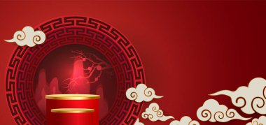 Çin yeni yılı için podyum ve zemin, Çin Festivalleri, Sonbahar ortası Festivali, çiçek ve arka planda Asya unsurları.