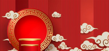 Çin yeni yılı için podyum ve zemin, Çin Festivalleri, Sonbahar ortası Festivali, çiçek ve arka planda Asya unsurları.