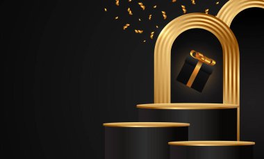 Kara Cuma Süper Satış. Banner, arka planda bir poster. Satılık podyum.