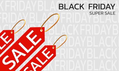 Kara Cuma Süper Satış. Banner, arka planda bir poster. Satılık podyum