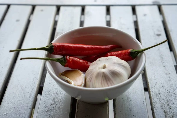 Close Photo Fresh Thai Red Chilis Small Ceramic Bowl — Stok fotoğraf