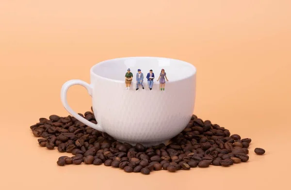 Miniature People Business Team Sitting Cup Coffee — стоковое фото