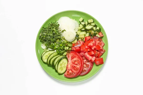 Plate Sliced Tomatoes Cucumbers Onions Greens —  Fotos de Stock