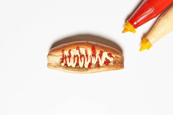 Delicious Hotdog Bottles Mustard Mayonnaise — Foto de Stock