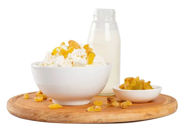 Cottage Cheese Raisins Milk Bottle Healthy Food Con — Foto de Stock