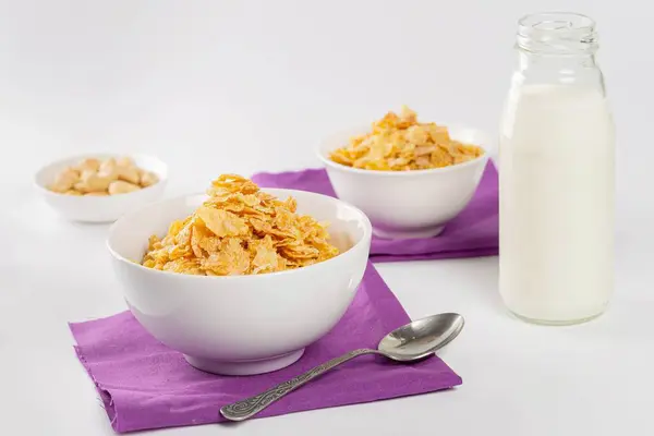 Breakfast Background Two Bowls Cornflakes Milk Nuts — Foto de Stock