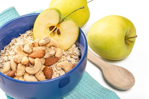 Oatmeal Apple Nuts Blue Bowl Close — Foto de Stock