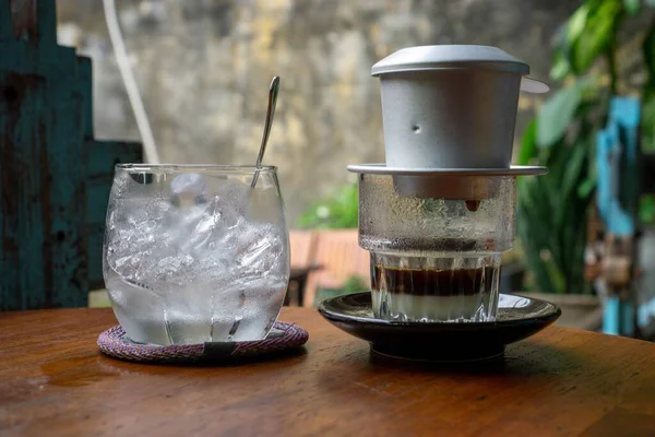 Traditional Vietnamese Drip Coffee Condensed Milk Glas — Stock Photo, Image