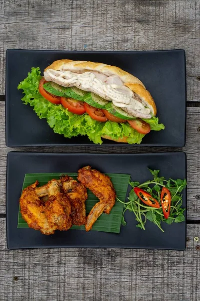 Top View Food Photo Grilled Chicken Sandwich Cucumber — Stock Photo, Image