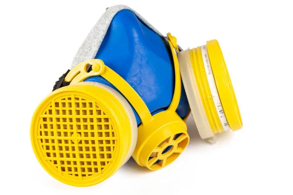 Blue-yellow respirator mask on white