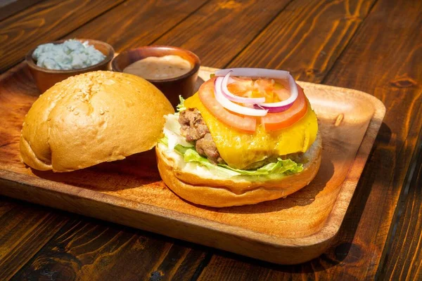 Close Up Food Photo of Kofta Burger with Lamb Meat Patty, Lettuc