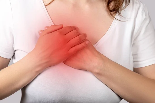 Heart Attack Concept Woman Suffering Chest Pain — Stockfoto