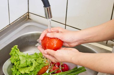 Kadının elleri olgun domatesleri yıkıyor.