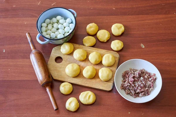 Uncooked Dumpling Dough Bowls Minced Meat Quail Eggs Uncooked Dumpling — стоковое фото