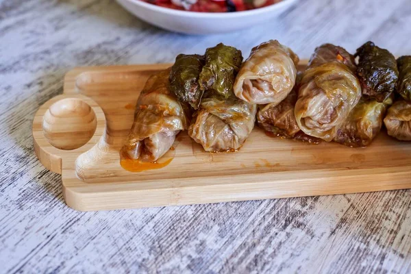 Tasty Food Cabbage Rolls Stuffed Minced Meat Wooden — стоковое фото