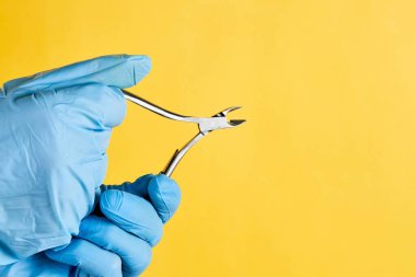 Kadın eli, tırnak uçlarını sarı arka planda tutar.