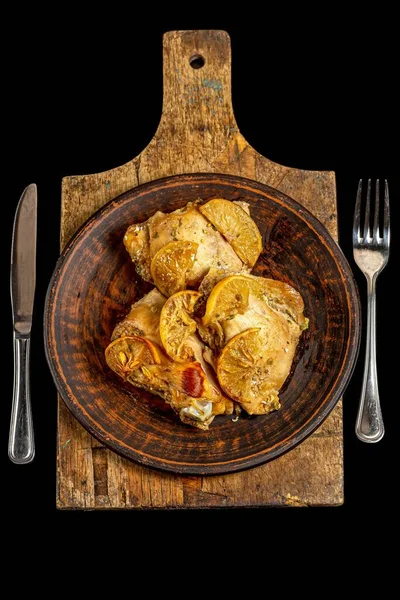Baked Chicken Pieces Lemon Old Cutting Board Dark — Stock Photo, Image