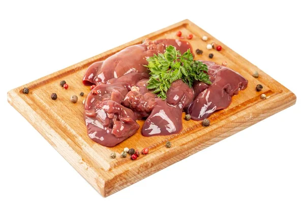 Raw Chicken Liver Spices Kitchen Board — Stock Photo, Image