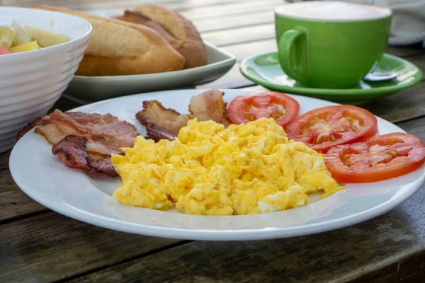 Close Food Photo Breakfast Scrambled Eggs Bacon Stri — Fotografia de Stock