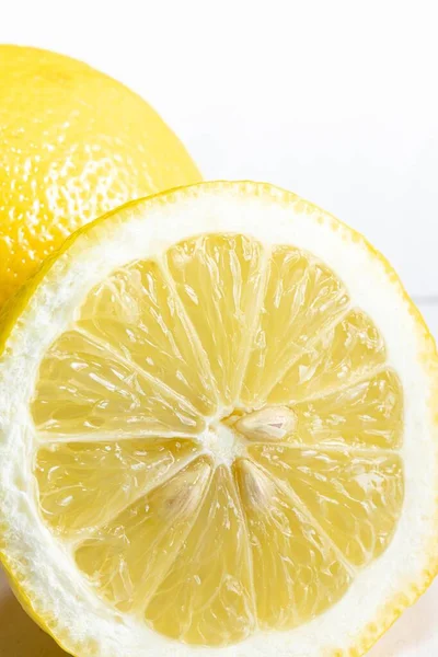 Macro Sliced Lemon White Background Copy Space — Fotografia de Stock