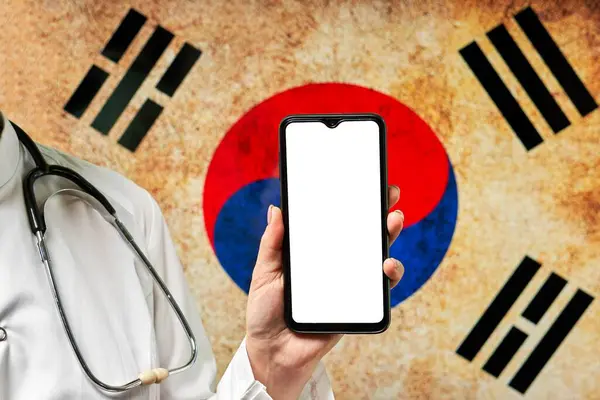 South Korean Doctor Holds Cell Phone Blank Display — Stock Photo, Image