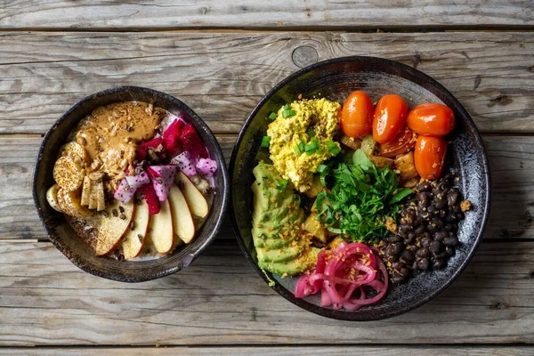 Taze Fru ile Sağlıklı Kahvaltı Yulaf lapası Üst Görünüm Yemek Fotoğrafı