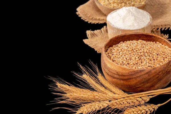 Wheat Barley Flour Spikelets Black Background Baking — Φωτογραφία Αρχείου