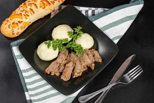 Lunch Background Liver Slices Potato Balls Cheese Bagu — Foto Stock