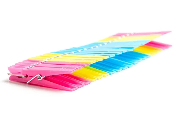 Multicolored Plastic Clothespins White Background — Foto Stock