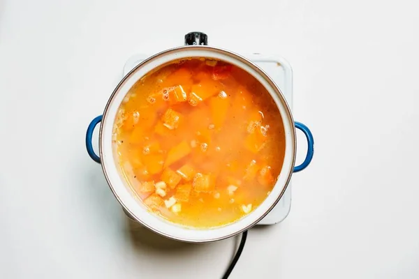 Cozinhar Sopa Abóbora Com Abóbora Fresca — Fotografia de Stock