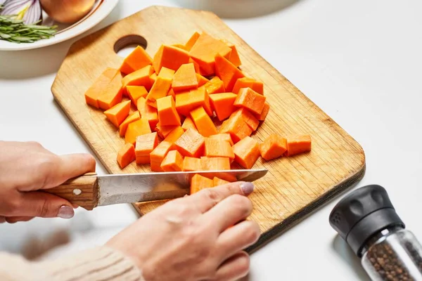 Woman Slicing Carrots Food Background — Foto de Stock