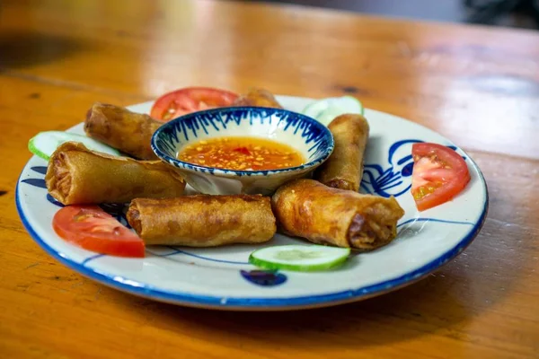 Food Photo Vietnam Fried Spring Rolls Fish Sauce Dip — стокове фото