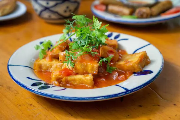 Close Food Photo Vietnam Dish Tofu Tomato Sauce — стокове фото