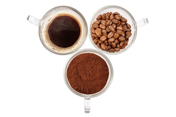 Top View Cups Made Coffee Whole Coffee Beans Ground — Stockfoto