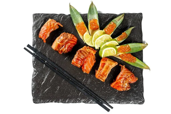 Pieces Smoked Salmon Sliced Lime Red Caviar Top Vie — Stockfoto