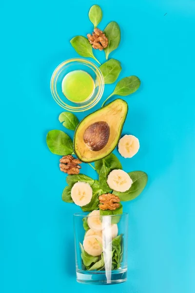 Smoothie Ingredienser Spenat Avokado Honung Banan Och Walnu — Stockfoto