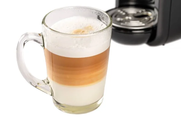 Delicioso Café Con Leche Caliente Una Taza Vidrio —  Fotos de Stock