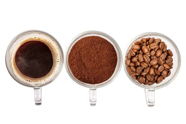 Three Glass Cups Prepared Coffee Whole Grains Ground — Stock Photo, Image