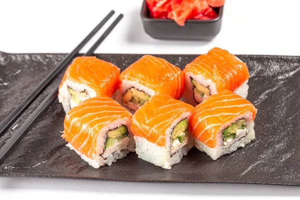 Philadelphia Sushi Salmon Black Tray Chopsticks — Stockfoto