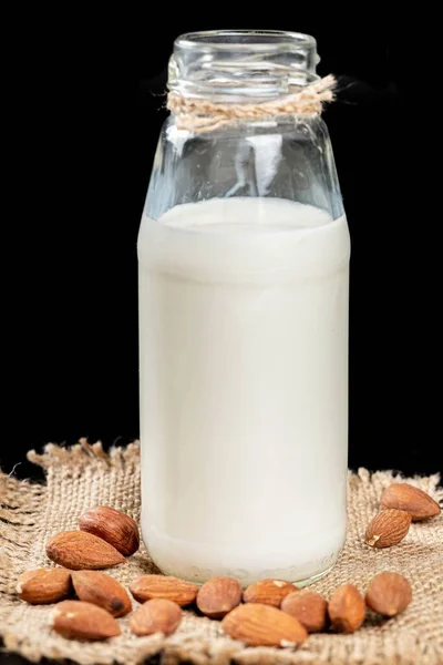 Bottle Almonds Milk Almonds Burlap — Foto de Stock