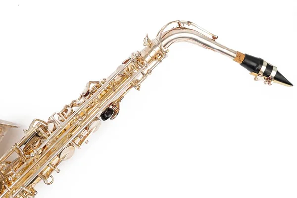 Golden Metal Saxofoon Met Kopieerruimte Boven Wit — Stockfoto