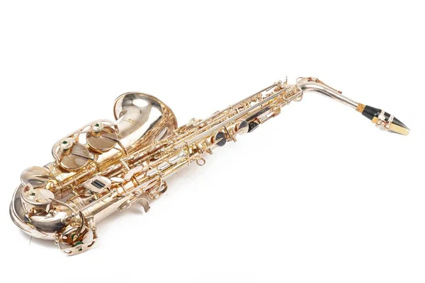Golden Metal Saxophon Isoliert Über Weißem Hintergrund — Stockfoto