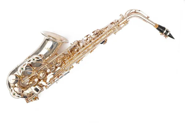 Golden Metal Saxofoon Boven Witte Achtergrond Met Kopieerruimte — Stockfoto