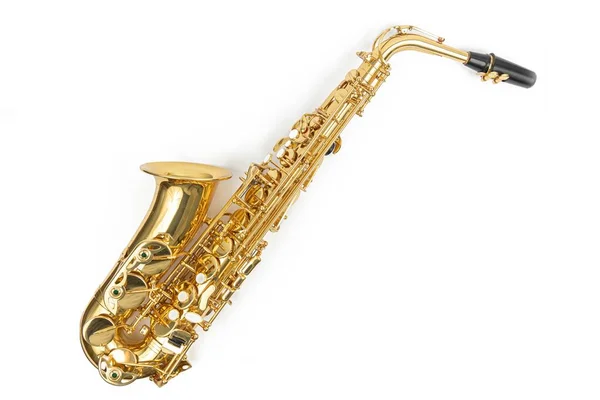 Saxofoon Boven Witte Achtergrond Met Kopieerruimte — Stockfoto