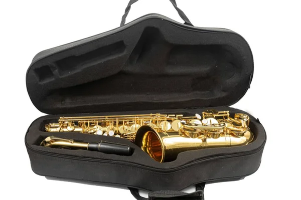 Verpakt Saxofoon Het Geval Boven Witte Achtergrond — Stockfoto